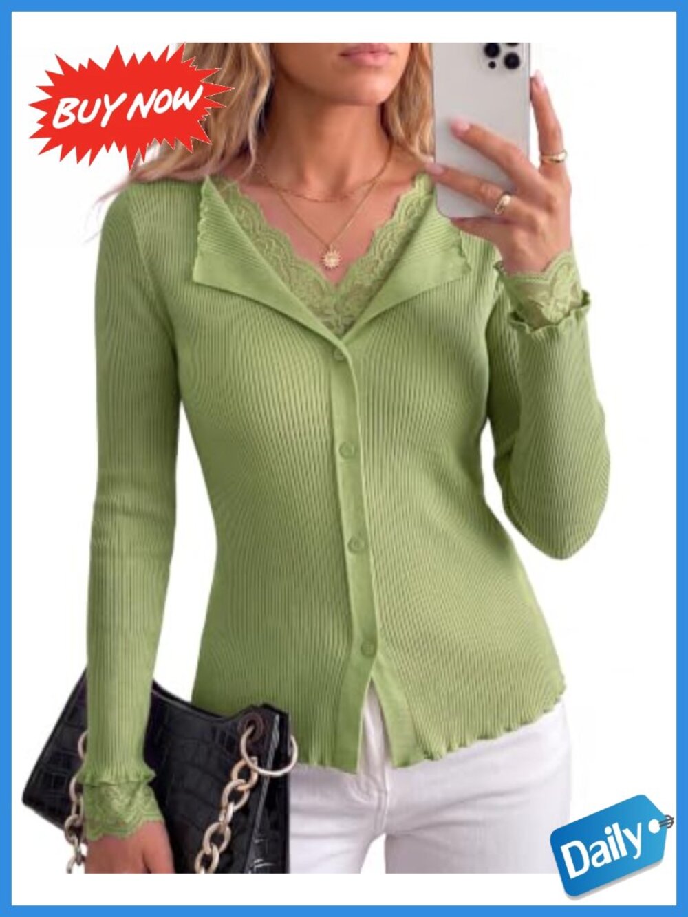 Timeson Lace Trim V-Neck Ribbed Knit Sweater Long Sleeve Top